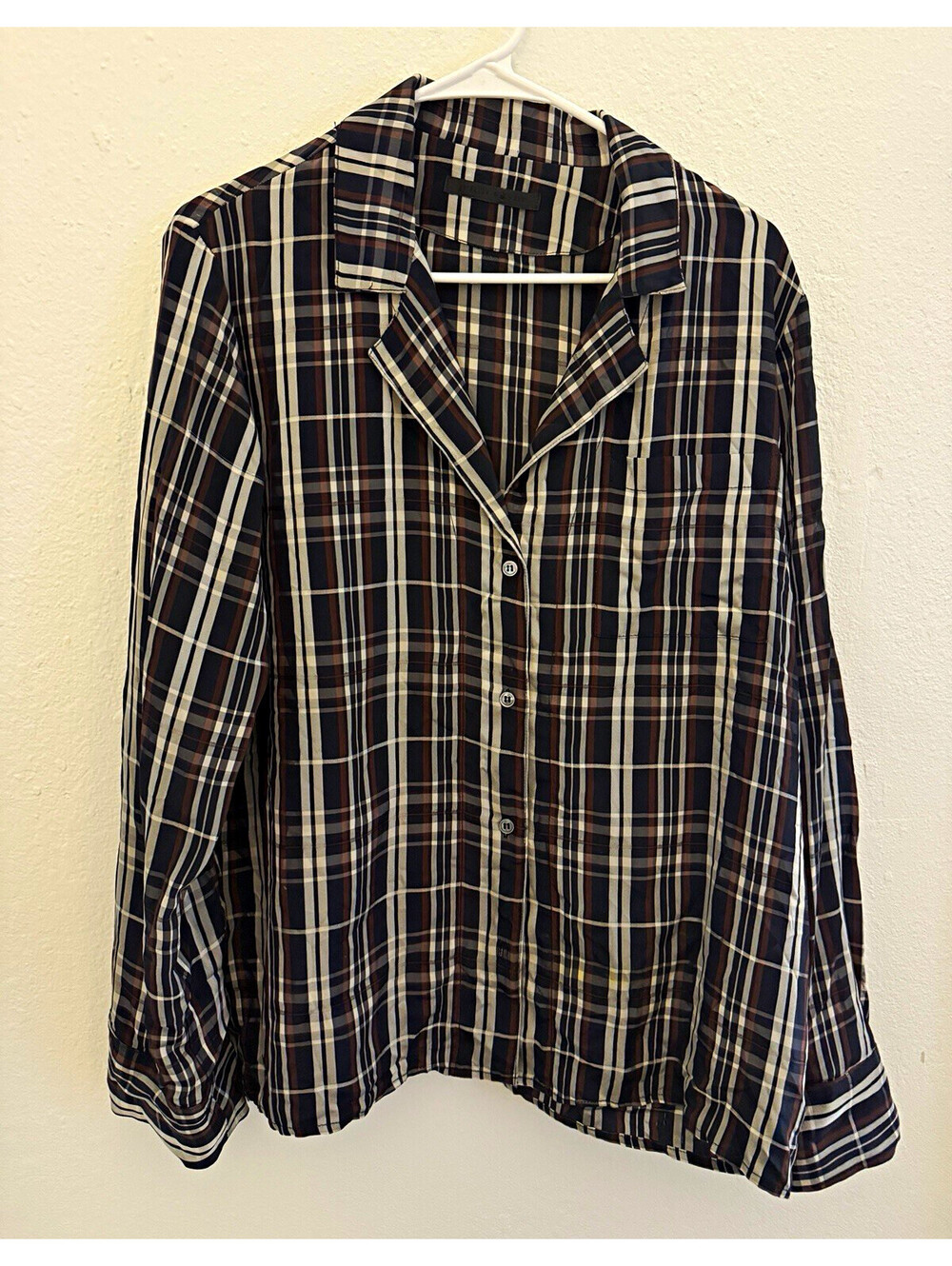 Jenni Kayne Women’s Medium Plaid Cupro Button Down Shirt Brown Black Cream